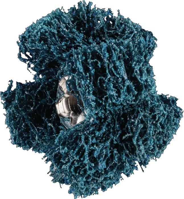 Ein rundes, strukturiertes blaues Schleifpad mit einem Metallkern, das zur Reinigung oder Oberflächenvorbereitung verwendet wird und eine dichte, drahtartige Struktur aufweist.