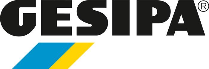 ESI' Textlogo mit schwarzen Buchstaben; blaue und gelbe diagonale Linien in der unteren linken Ecke.