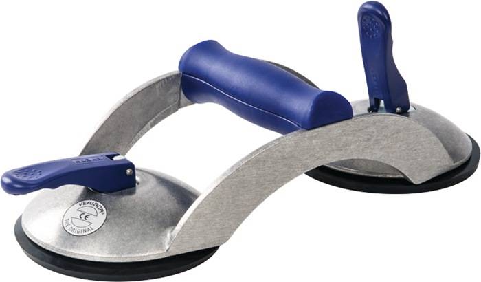 Ein Doppelsaugnapf-Werkzeug mit blauen Griffen und Metallrahmen, das zum Heben oder Bewegen schwerer, glatter Oberflächen wie Glas oder Fliesen verwendet wird.