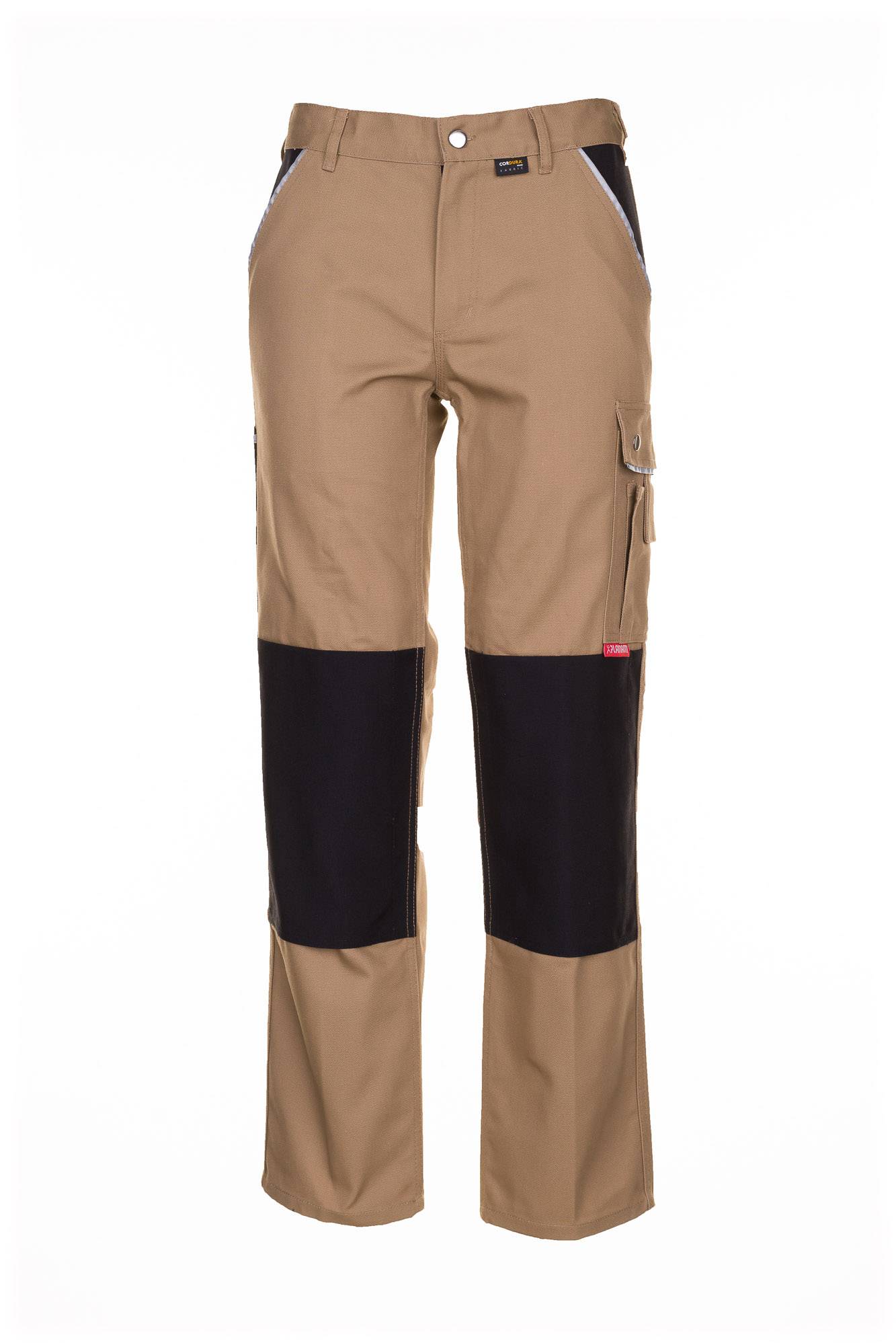 Khaki- und schwarze Cargohosen mit verstärkten Knien und Seitentasche, Vorderansicht auf weißem Hintergrund.