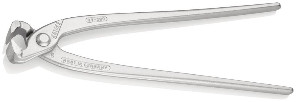 Eine silberne Metallzange, diagonal ausgerichtet, die ihre glatten Griffe und den Gelenksbereich zeigt, mit leicht sichtbarem gravierten Text.