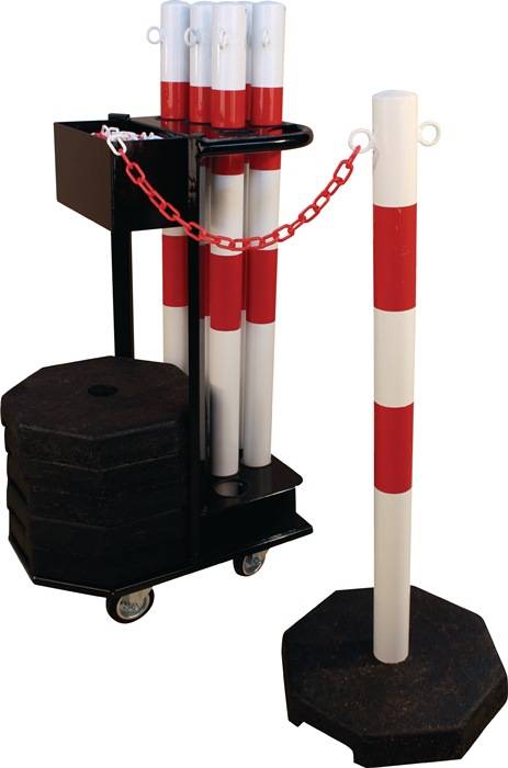Sperrpfostenset STA rot/weiß m.Transportwagen D60xH1000mm 6Pfosten u.Kette à 25m