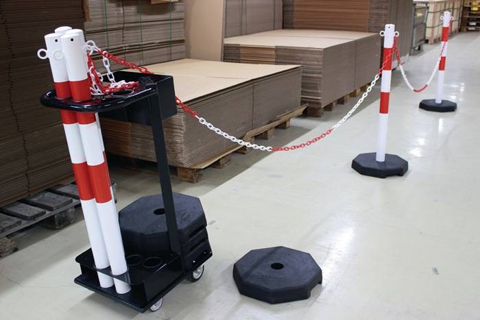 Sperrpfostenset STA rot/weiß m.Transportwagen D60xH1000mm 6Pfosten u.Kette à 25m