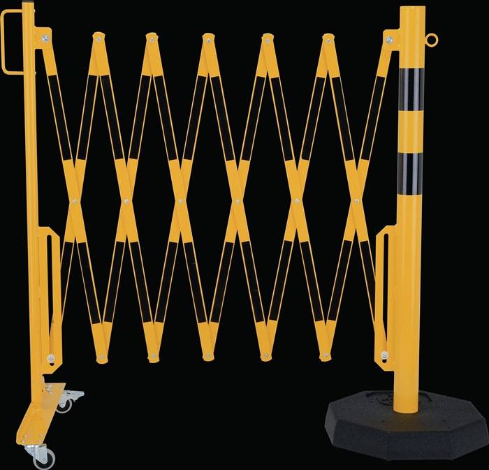 Sperrpfosten L4000xH1000mm m.Scherengitter u.mobilem Standfuß gelb/schwarz