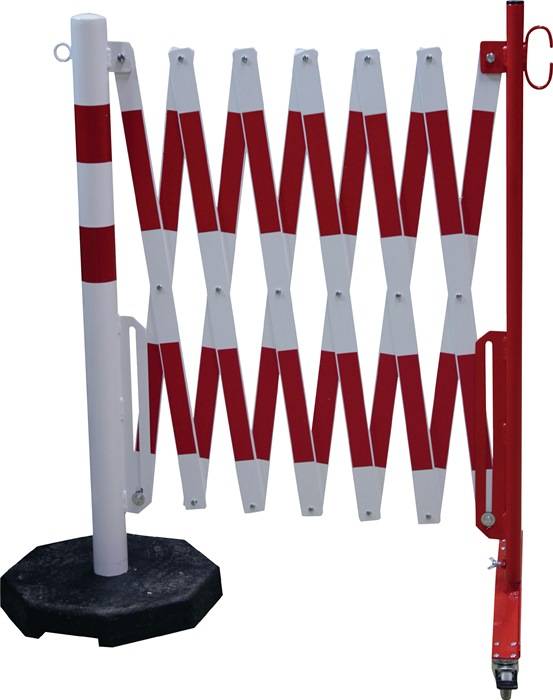 Sperrpfosten L3600xH1000mm m.Scherengitter u.mobilem Standfuß rot/weiß