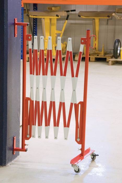 Scherengitter L3600xH1000mm m.Wandhalterung u.Rollenfuß rot/weiß