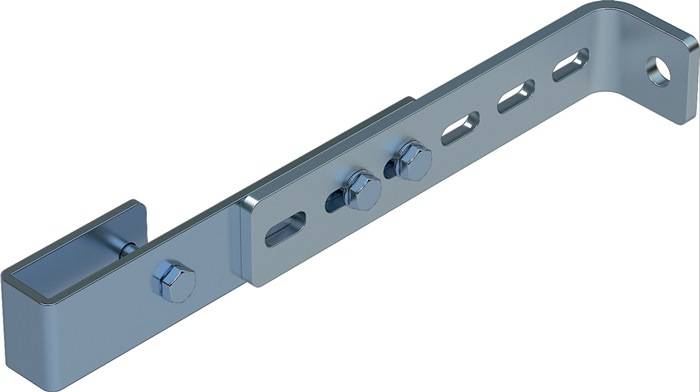 3D-CAD-Rendering eines Metallhalterarms mit Langlöchern und Bolzen, der zum Montieren oder Einstellen verwendet wird.