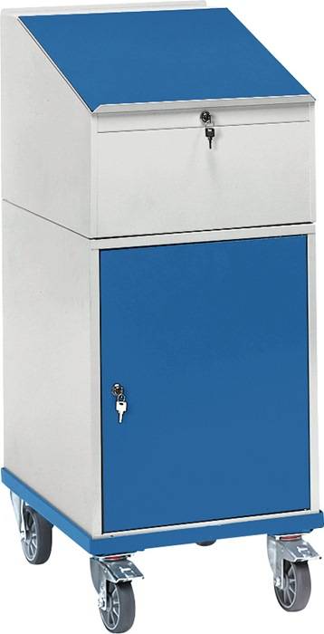 Stehpult H1200xB550xT650mm lichtgrau/brillantblau 3 Böden,1 Tür FETRA