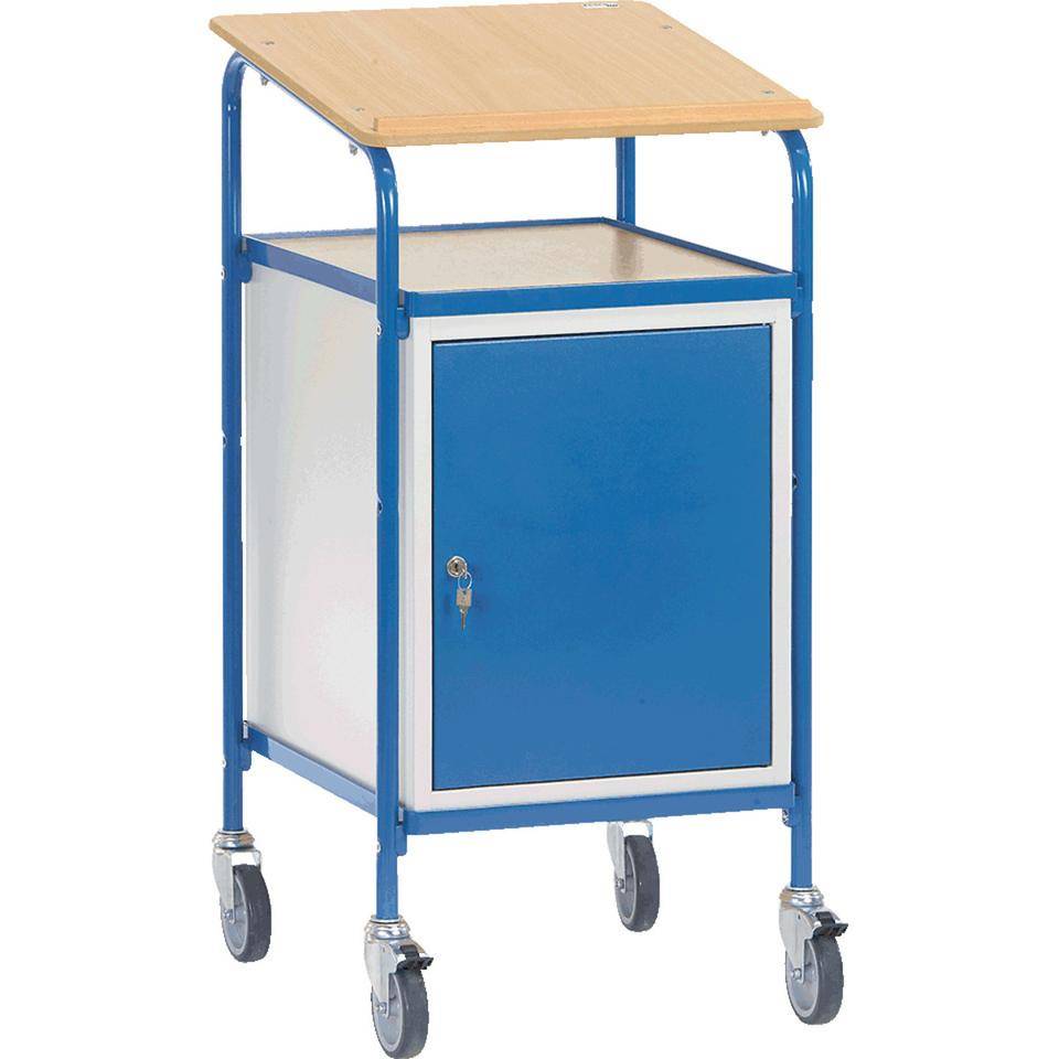 Blauer fahrbarer Nutzwagen mit vier Lenkrollen, Holzplatte und Schranktur mit Verschluss.