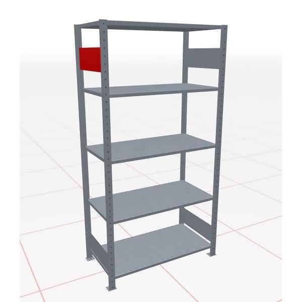Graues Metall-Lagershelving-System mit fünf verstellbaren Regalen, auf weißem Hintergrund mit rotem Seitenpanel dargestellt.