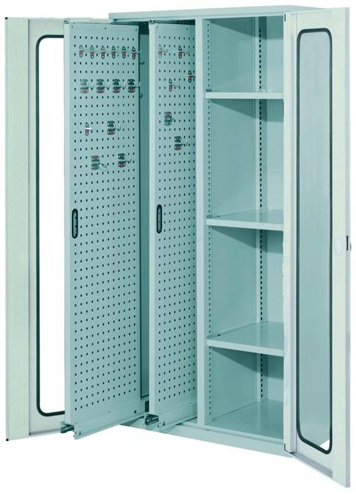 Vertikalschrank H1950xB1000xT600mm lichtgrau 2 Auszüge 3 Fächer Sichtfenstert.