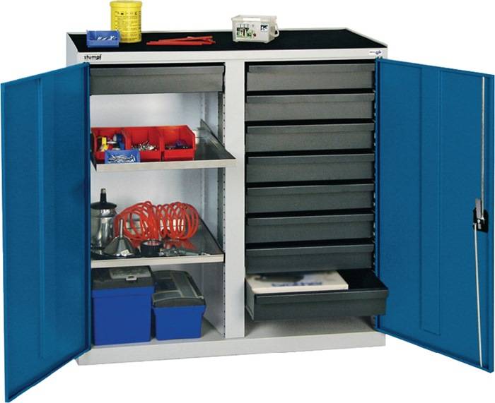 Werkzeug-/Beistellschrank H1000xB1000xT500mm 9Schubl.,4Bd.lichtgrau/enzianblau