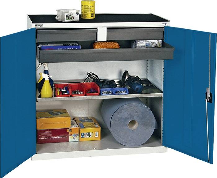 Werkzeug-/Beistellschrank H1000xB1000xT500mm 3Schubl.,1Bd.lichtgrau/enzianblau