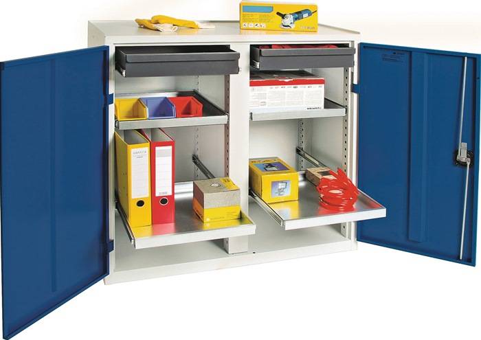 Werkzeug-/Beistellschrank H1000xB1000xT500mm 2Schubl.,4Bd.lichtgrau/enzianblau