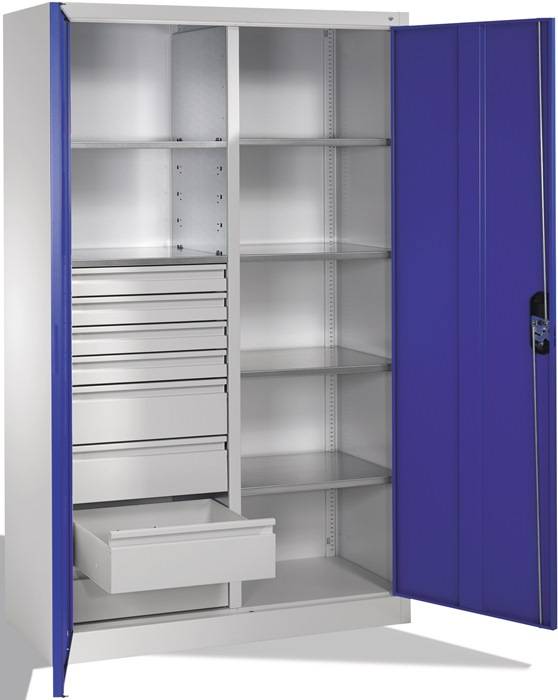 Flügeltürenschrank H1950xB1200xT500mm lichtgrau/enzianblau 6 BD 8 Schubl.C+P