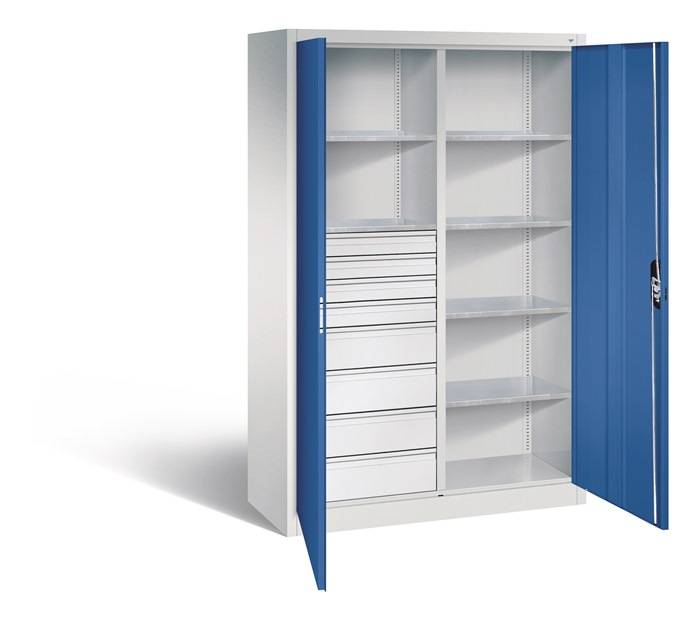 Flügeltürenschrank H1950xB1200xT500mm lichtgrau/enzianblau 6 BD 8 Schubl.C+P