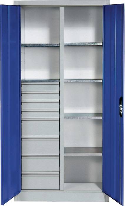 Flügeltürenschrank H1950xB930xT500mm lichtgrau/enzianblau 6 BD 8 Schubl.