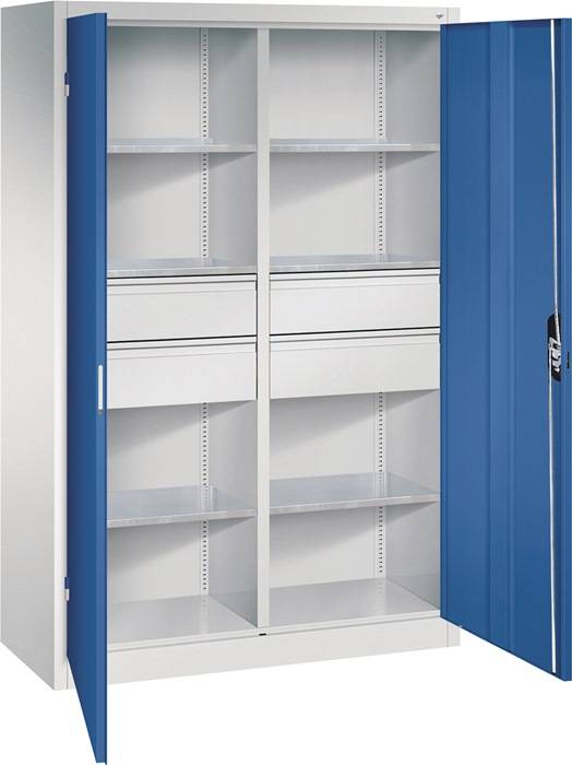Flügeltürenschrank H1950xB1200xT500mm lichtgrau/enzianblau 6 BD 4 Schubl.C+P