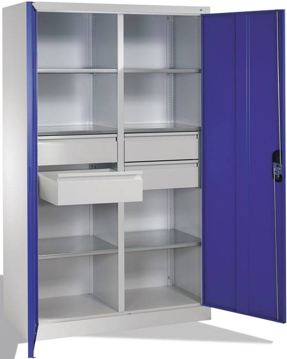 Flügeltürenschrank H1950xB1200xT500mm lichtgrau/enzianblau 6 BD 4 Schubl.C+P