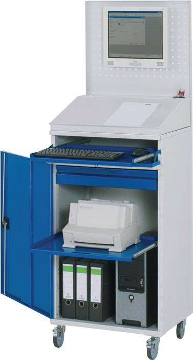 Computerschrank H1895xB650xT520mm mobil enzianblau/lichtgrau Lochpl.,Pultaufs.