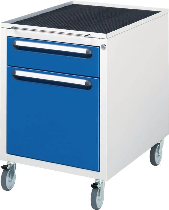 Schubladenschrank H690xB480xT600mm lichtgrau/enzianblau 2Schubl.fahrbar RAU
