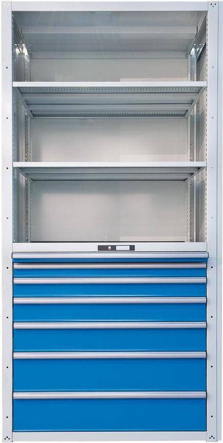 Schubladenregal B1020xT706xH2200 mm Anbaufeld RAL 7035/5012 4 Schubladen, 5 Böden - Artikel: 7830304251