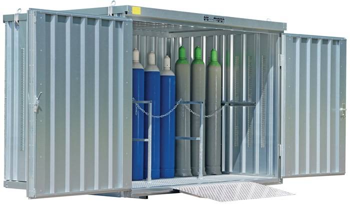 Gasflaschenlager B3050xT2170xH2250 verz.,mont.m.Bodenrahmen Doppelflügeltor SÄBU