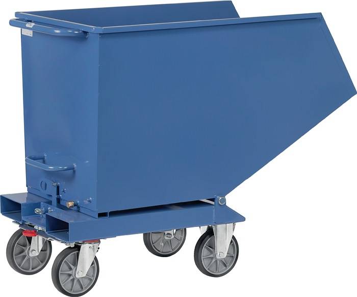 Blauer Industrie-Rollbehälter auf vier Lenkrollen mit schräg nach oben offener Schüttmulde zum Transportieren oder Entleeren von Materialien.