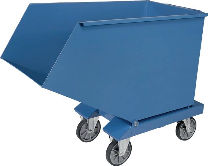 Blauer Industrie-Kipptrichter auf vier Lenkrollen, verwendet zum Transport und zur Entleerung von Schüttgütern.