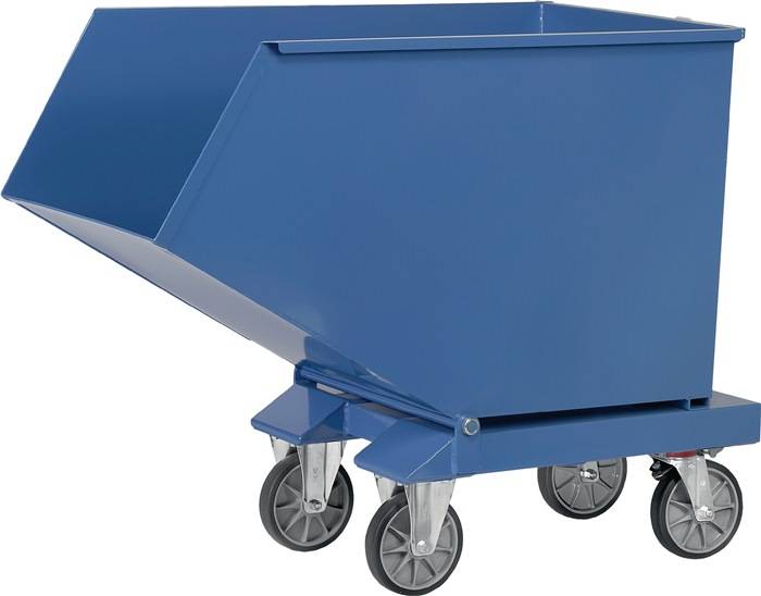 Blauer Metallkipper mit vier Rädern und geneigter offener Ladefläche, zum Transportieren und Entleeren von Materialien.