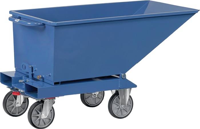 Blauer Industrie-Metallbehälterwagen auf vier Lenkrollen, verwendet zum Transport und zur Entsorgung von Schüttgütern.