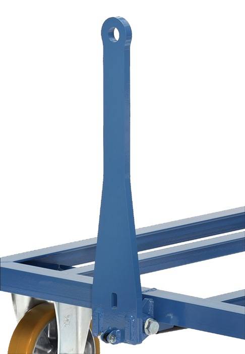 Blaue Metallhebebahn mit einem oberen Augenschraubbolzen, der auf einem Stahlrahmen montiert ist, in Nahaufnahme dargestellt.