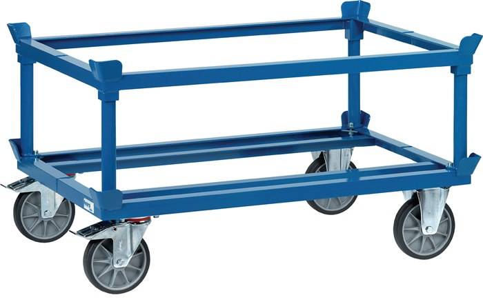 Blauer Metallwagen mit vier drehbaren Lenkrollen und offenen Oberrungen zum Transport großer Gegenstände.
