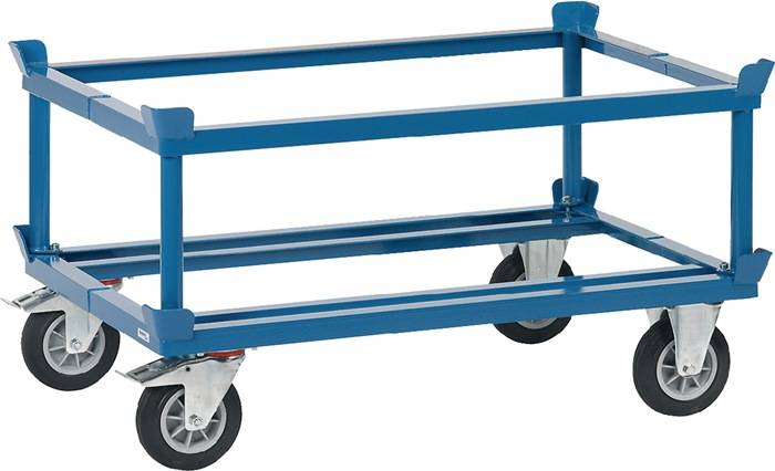 Blauer visueller Transportwagen mit Metallrahmen und offenen Regalen auf Lenkrollen