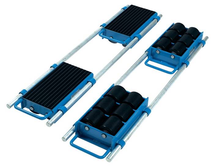 Satz aus vier blauen verstellbaren Transportrollen mit schwarzen Walzenkappen und Metallstangen auf weißem Hintergrund.