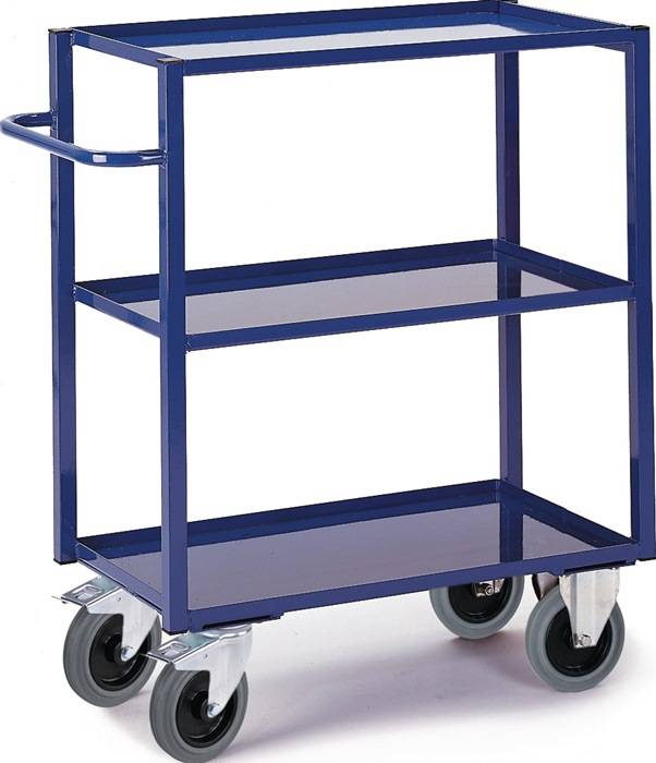 Tischwagen Bügel waager.3 Stahlblechwannen L995xB695mm Rand-H.30mm blau
