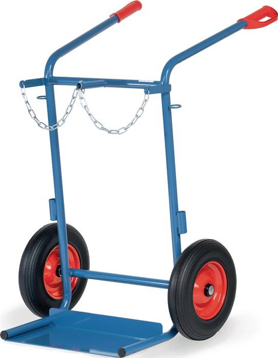 Blauer Handwagen mit roten Griffen und großen schwarz-roten Rädern, dargestellt mit einer vorderen Grundplatte und Kettenstützen.