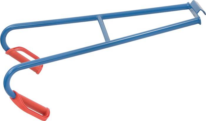 Blaues Metallschlauchschellenwerkzeug mit roten Griffen und einer hakenförmigen Griffform, abgebildet auf weißem Hintergrund.