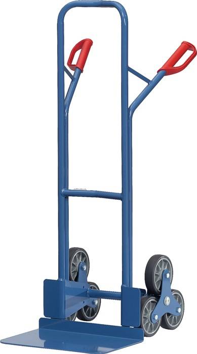 Blauer Handwagen mit zwei Rädern und roten Griffen, aufrecht auf weißem Hintergrund dargestellt.