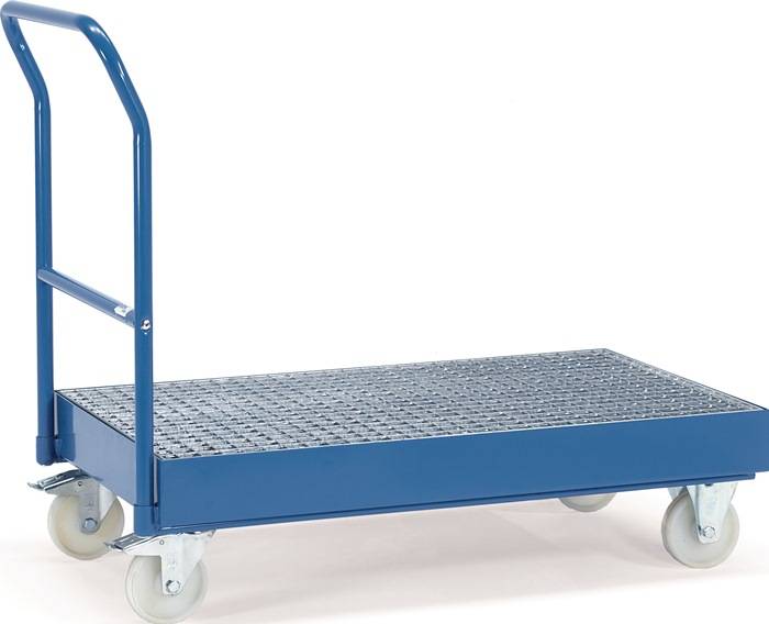 Blauer Metallplattformwagen mit vier drehbaren Lenkrollen und einem hohen Schiebegriff, dargestellt auf weißem Hintergrund.