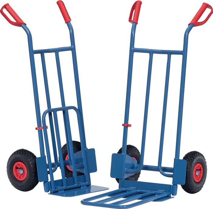 Blauer Handwagen mit roten Griffen und Rädern, dargestellt in zwei Klappositionen zum Transport schwerer Gegenstände.
