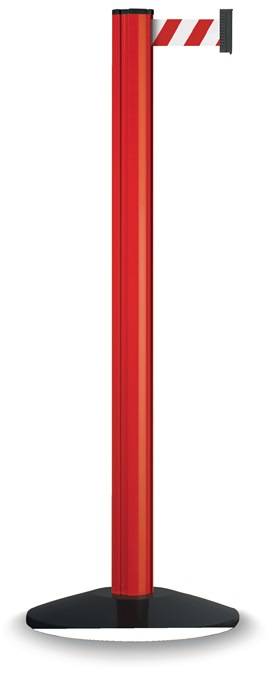 Rot einziehbarer Absperrbügel mit schwarzer Basis und rot-weiß gestreiftem Arm, wird verwendet, um den Zugang zu blockieren oder zu lenken.