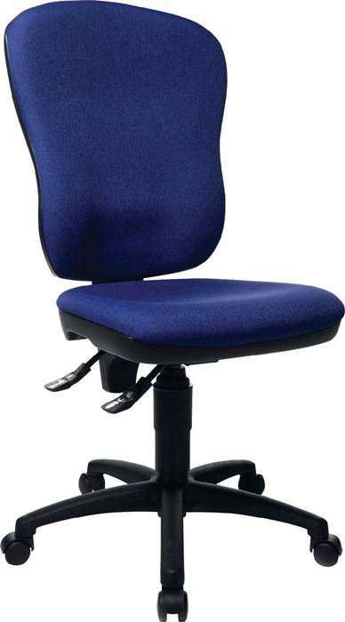 Blauer Drehstuhl mit gepolstertem Sitz und Rückenlehne, höhenverstellbar, schwarzer Sockel und Lenkrollen auf weißem Hintergrund