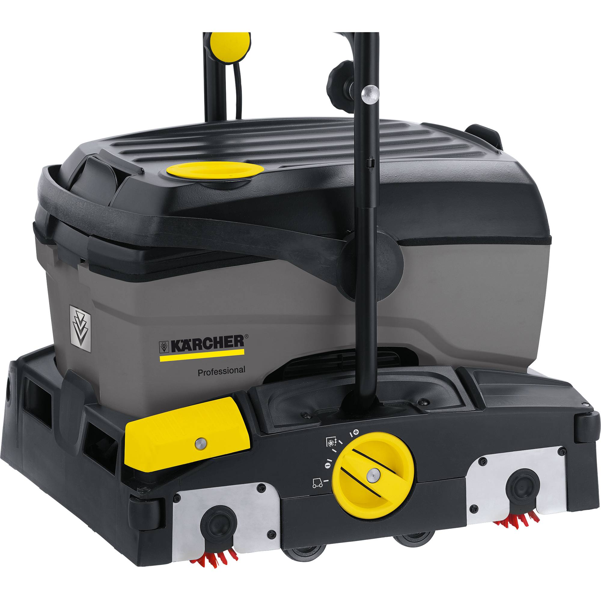 Industrielle Bodenreinigungsmaschine mit Kärcher Professional Branding, schwarzem und gelbem Gehäuse, vorderen Bürstenaufsätzen und einem großen Bedienknopf.