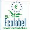 Logo mit dem ‚Ecolabel'-Zeichen und grünem Blattdesign, umgeben von blauen Sternen, die einen Kreis bilden. Text darunter liest sich ‚EU Ecolabel' und ‚www.ecolabel.eu'.