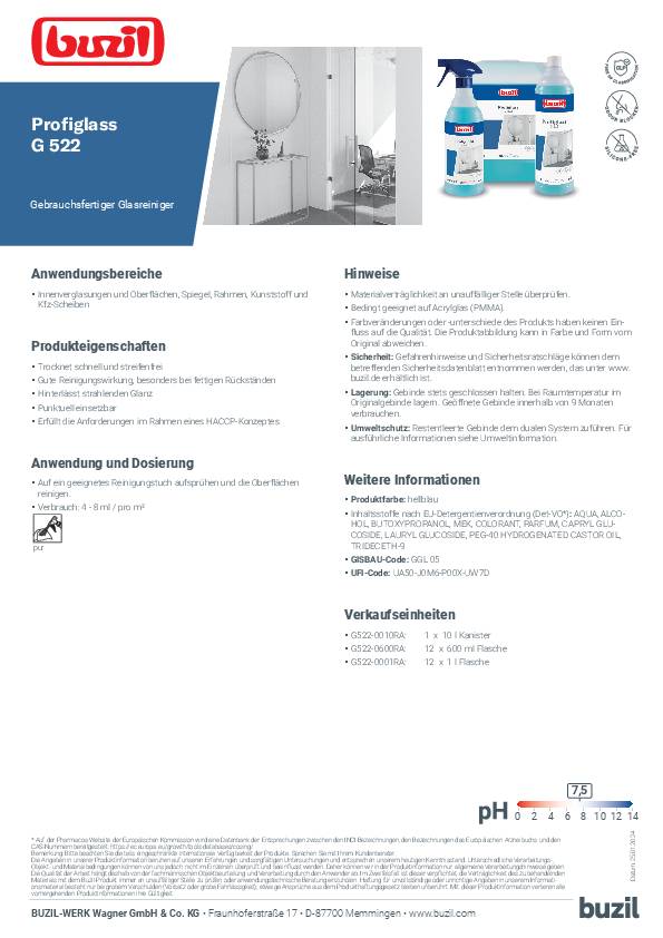 Glasreiniger Profiglass G 522 600 ml Sprühflasche BUZIL