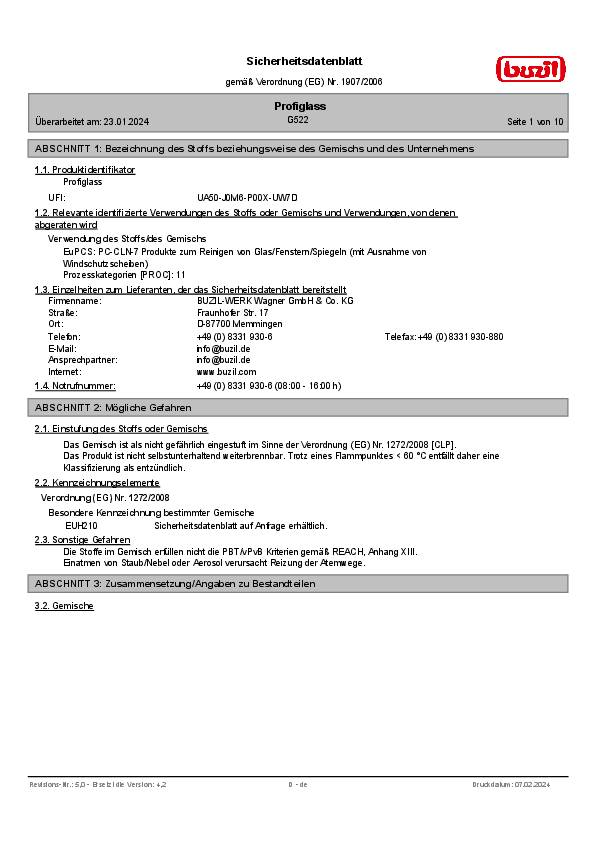 Glasreiniger Profiglass G 522 600 ml Sprühflasche BUZIL