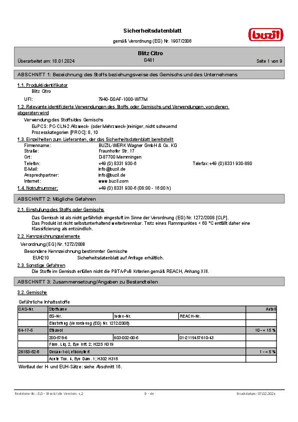 Alkoholreiniger Blitz Citro G 481 1l Flasche BUZIL