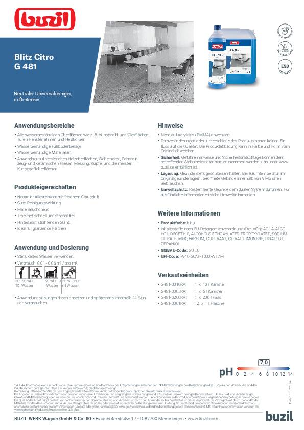 Alkoholreiniger Blitz Citro G 481 1l Flasche BUZIL