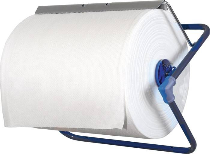 Eine große industrielle Papierhandtuchrolle, die an einem blauen Spender montiert ist und einsatzbereit ist.